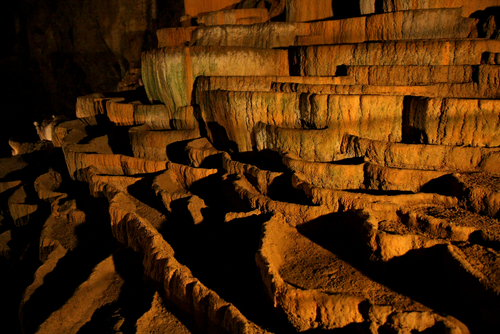 Rimstone, also called gours, a type of speleothem (cave formation) in the form of a stone dam. Skocjan Cave, Slovenia