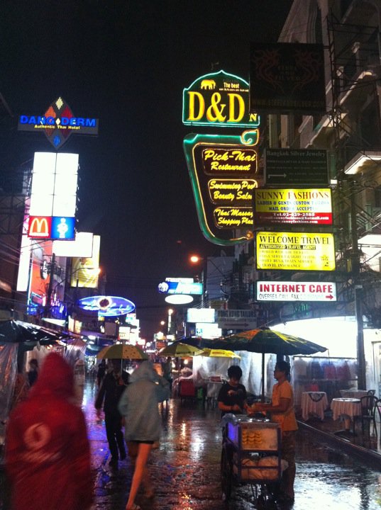 Bangkok's Khao San Road in hot steamy rain